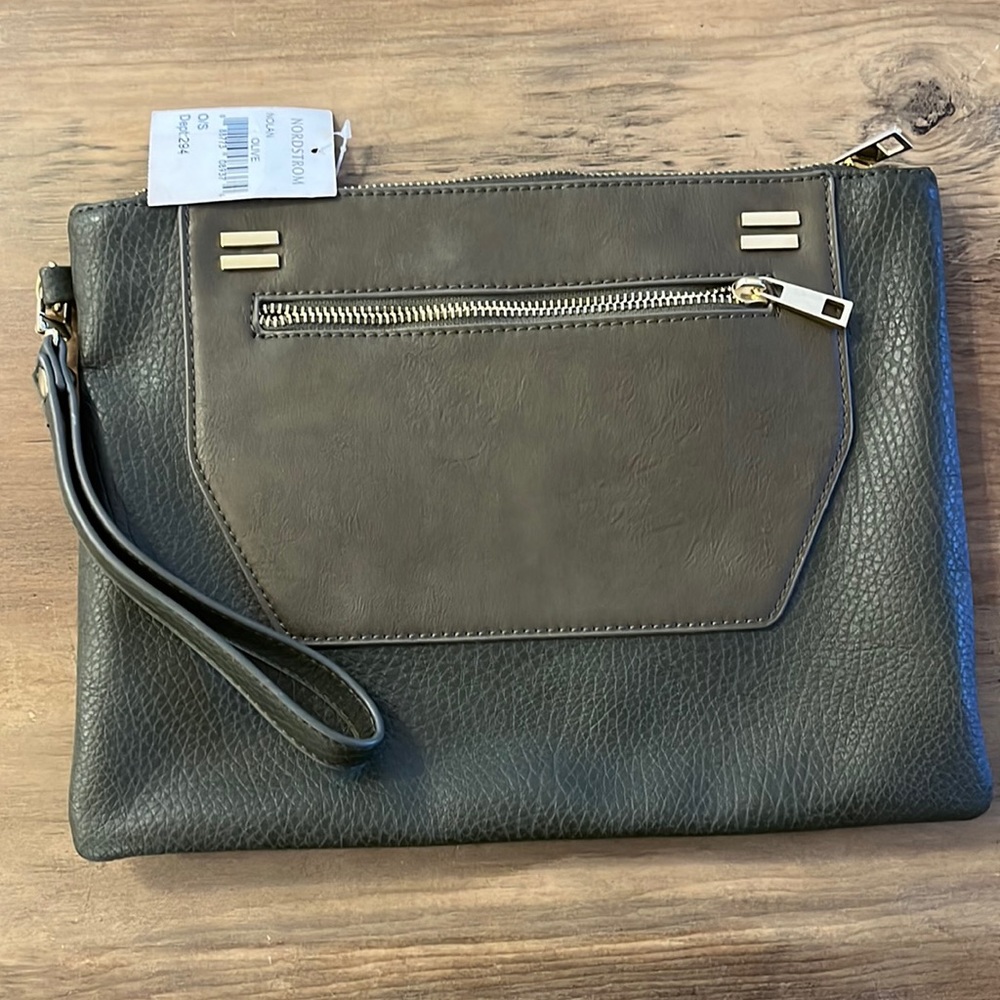 NOLAN’ OVERSIZED FAUX LEATHER CLUTCH OLIVE GREEN